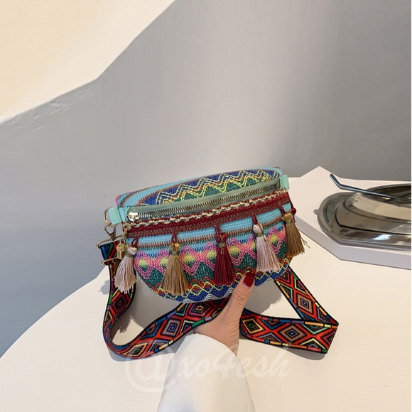 Boho Embroidered Fanny Pack Style Crossbody Bag with Tassels - Picture 8 of 16